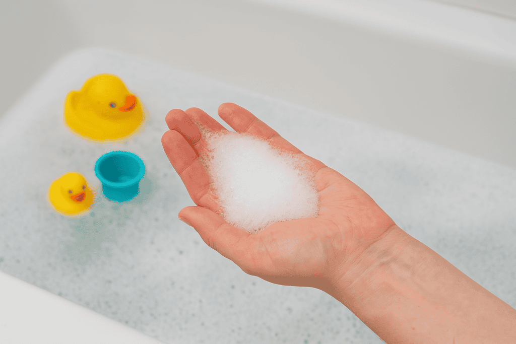 Zabawy sensoryczne w łazience – zbliżenie na rękę dorosłego przelewającą wodę do kolorowego kubeczka