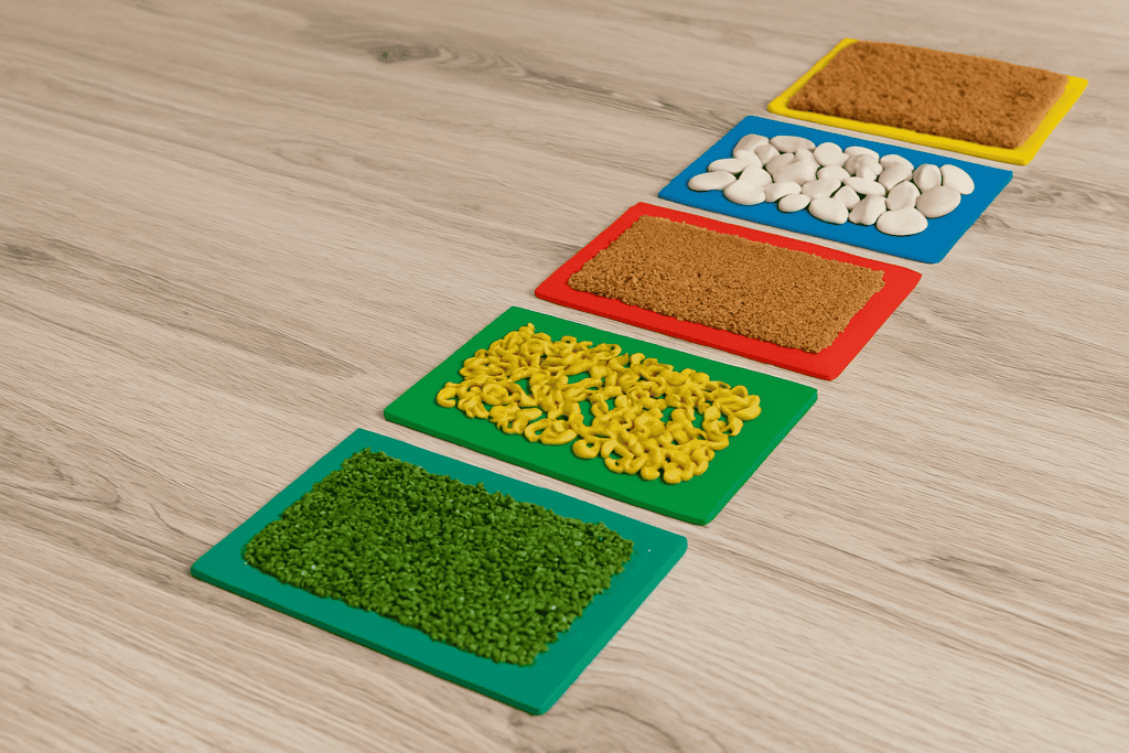 Ścieżka sensoryczna dla dwulatka – różne materiały i faktury ułożone w linii na podłodze