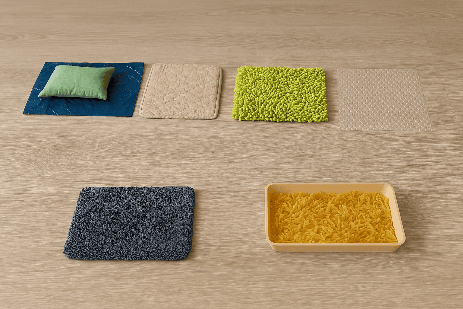 Ścieżka sensoryczna dla dwulatka – różne materiały i faktury ułożone w linii na podłodze