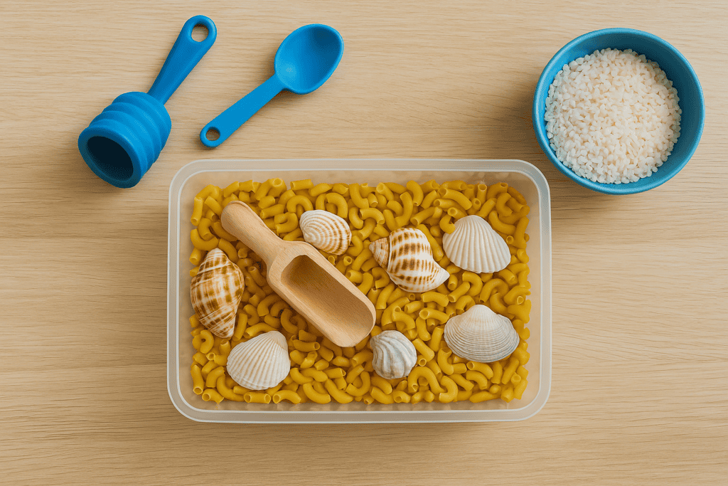 Sensoryczne zabawy w kuchni – widok z góry na składniki i przybory do przesypywania i mieszania