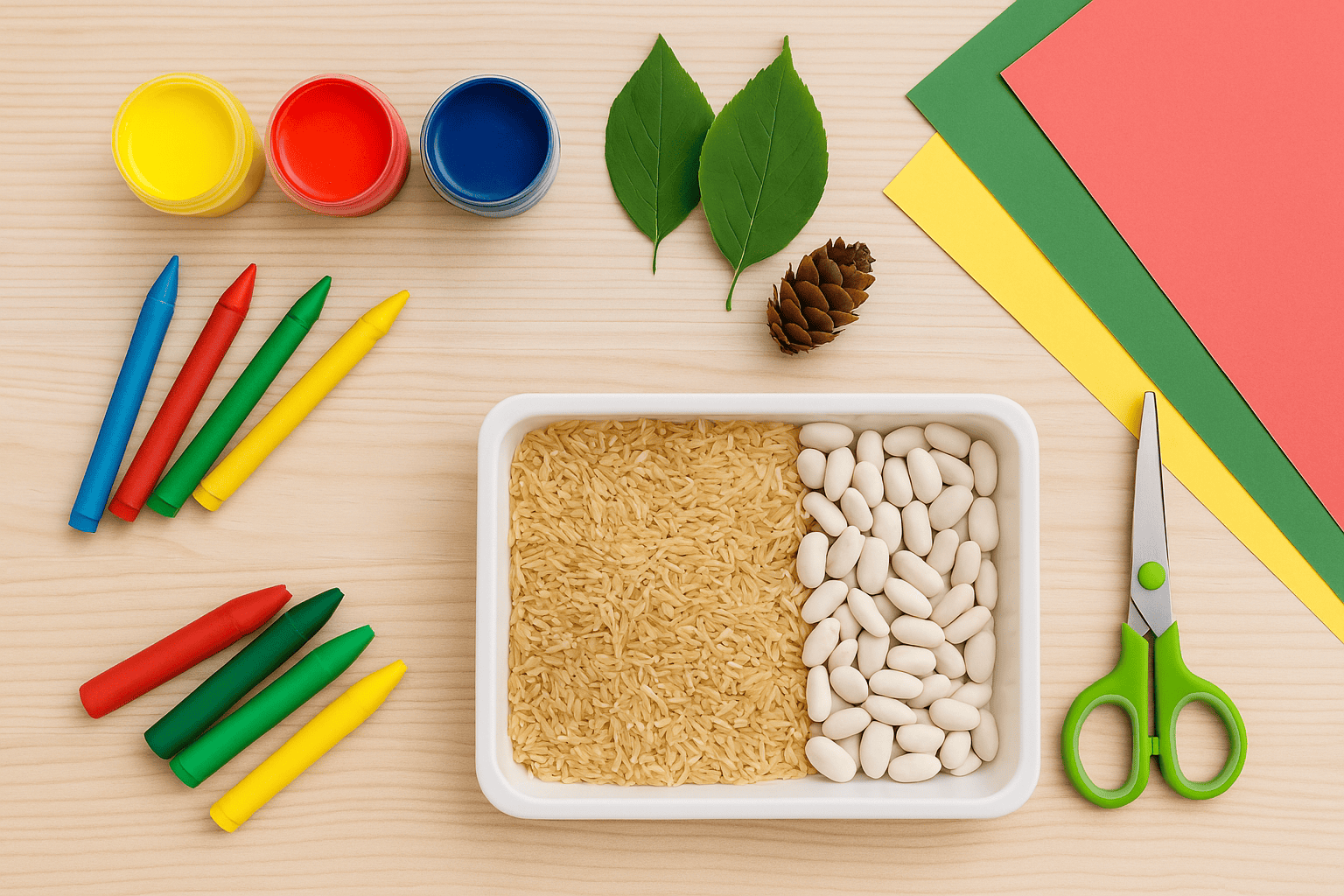 Zabawy sensoryczne z przyrodą – naturalne materiały ułożone w estetyczny sposób na stole do kreatywnej zabawy