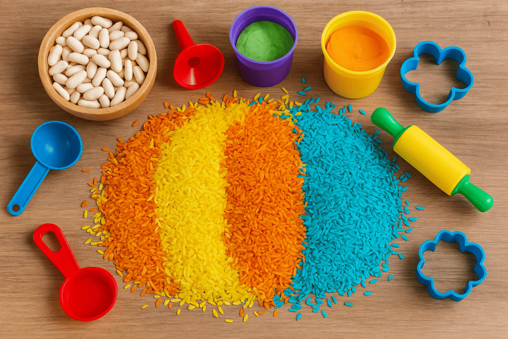 Zabawy sensoryczne dla dwulatka – kolorowy ryż i domowe materiały do zabawy