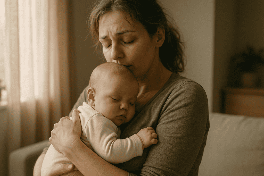 Skoki rozwojowe niemowlaka – mama przytula dziecko podczas trudnego etapu rozwoju