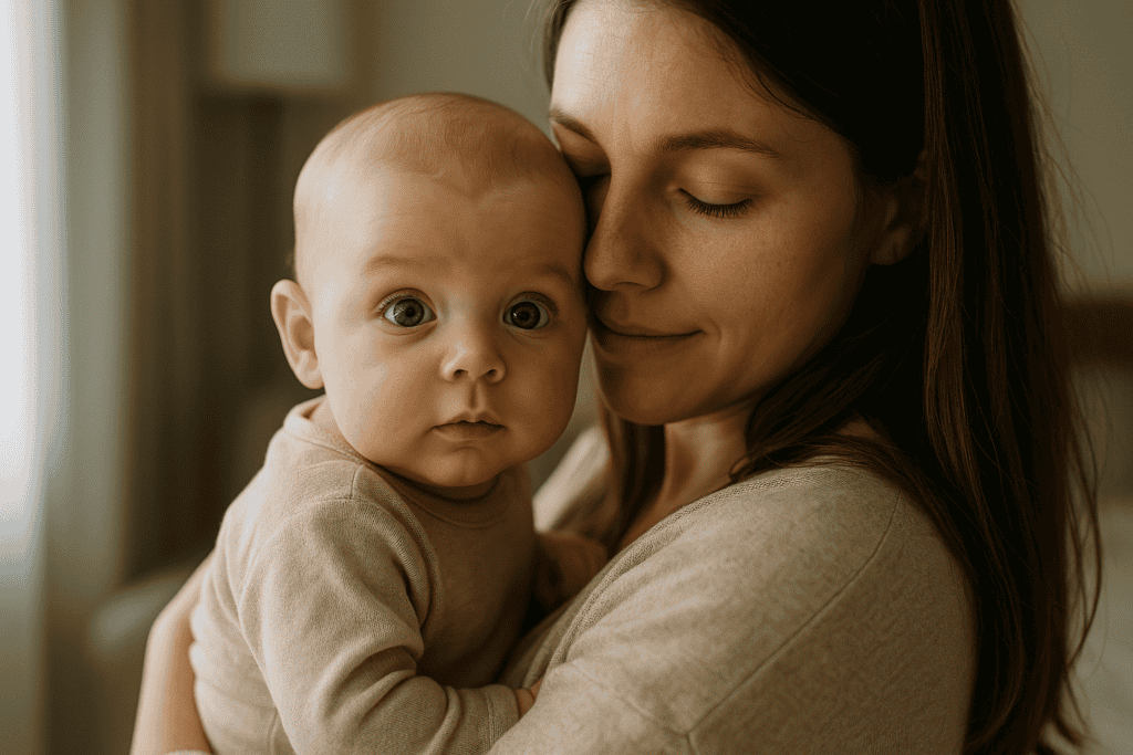 Skok rozwojowy, objawy - Niemowlę przytulone do mamy, z zaciekawionym spojrzeniem