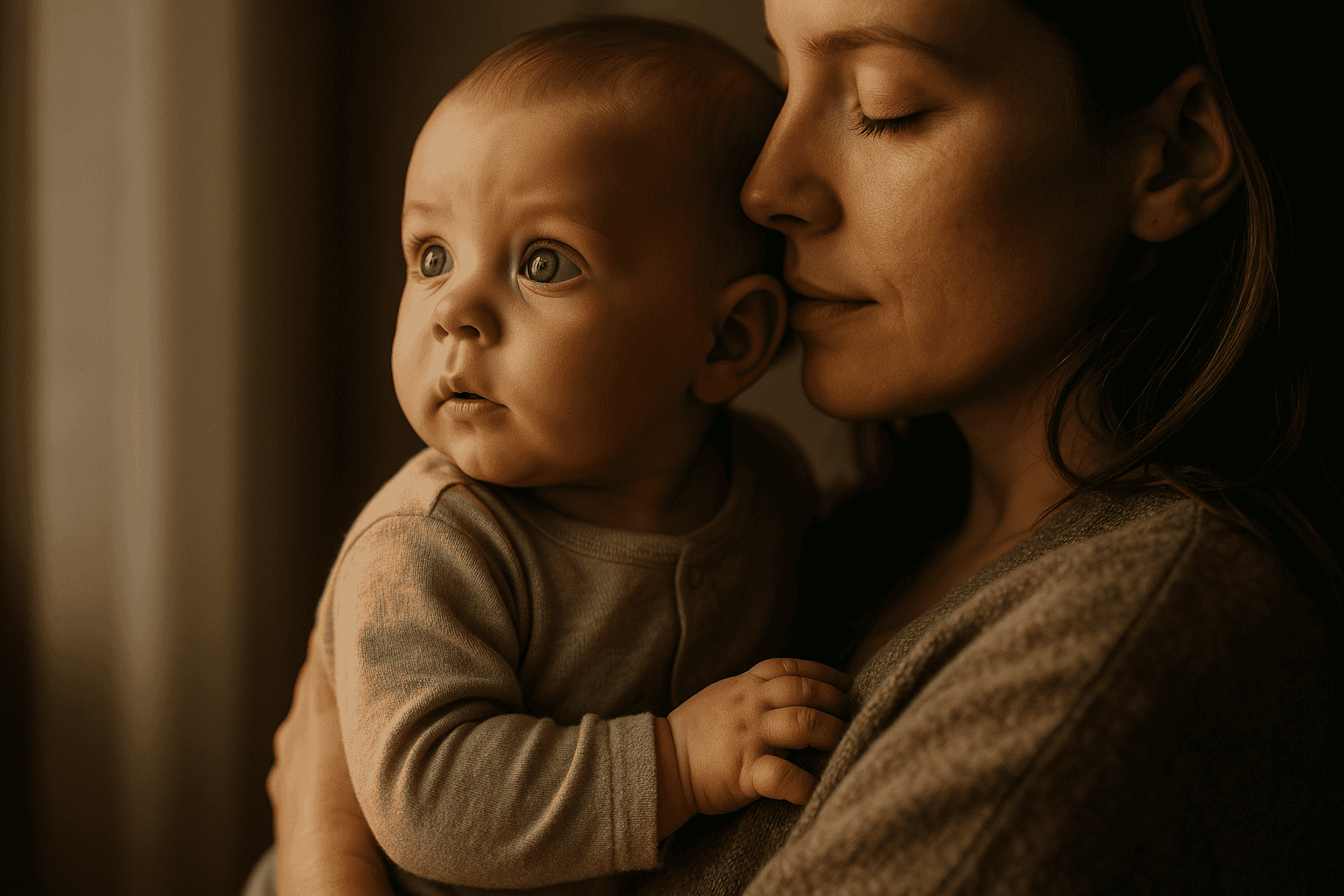 Niemowlę patrzące intensywnie w stronę światła, przytulone do mamy