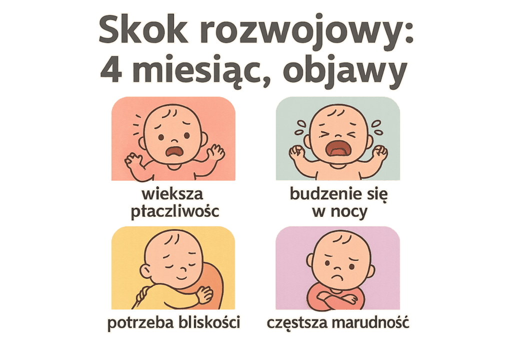 Skok rozwojowy 4 miesiąc objawy – infografika przedstawiająca typowe zmiany zachowania