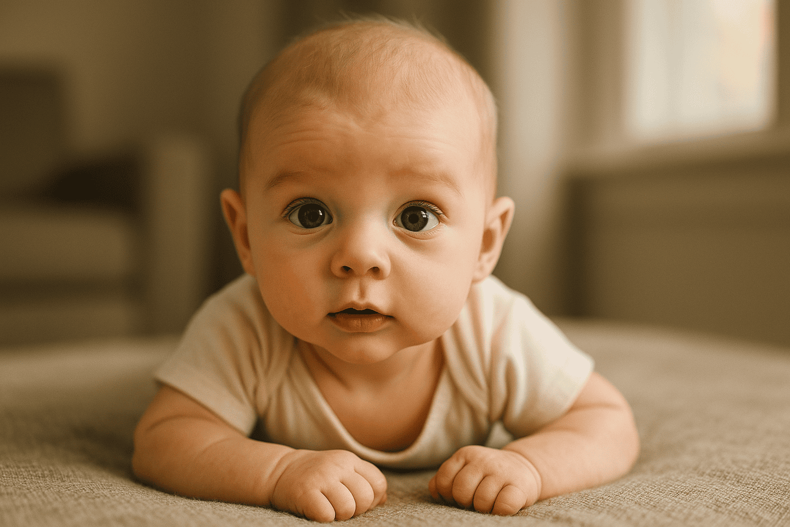 Noworodek leżący na brzuszku, patrzący z zaciekawieniem