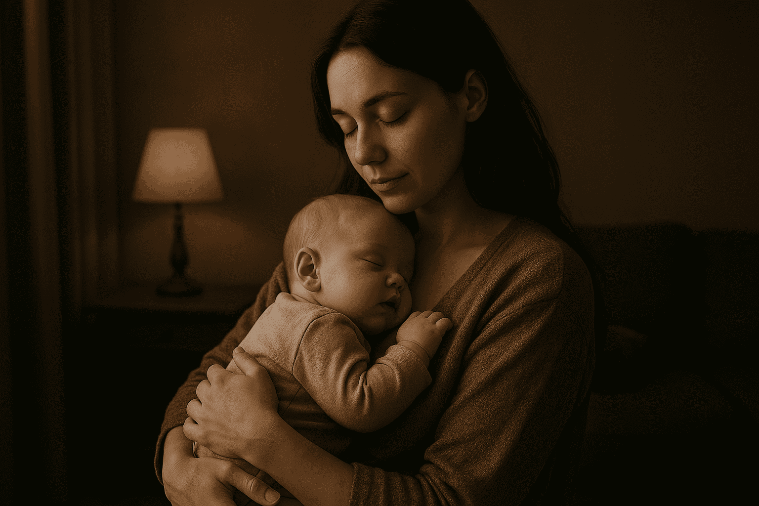 Mama tuli niemowlę w ciemniejszym, spokojnym pokoju – bliskość i ukojenie
