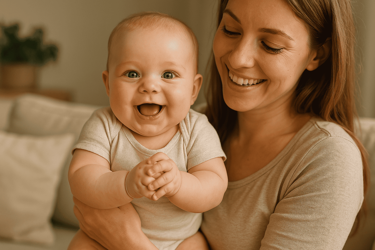 Uśmiechnięte 5-miesięczne niemowlę bawiące się rączkami w ramionach mamy