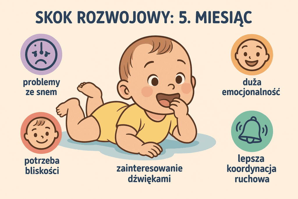 Skok rozwojowy 5 miesiąc objawy – ilustracja z typowymi zmianami u dziecka