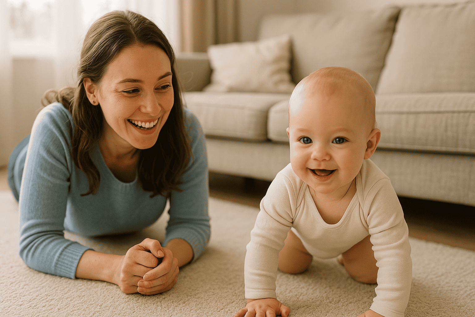 Szczęśliwa mama obserwująca raczkującego niemowlaka