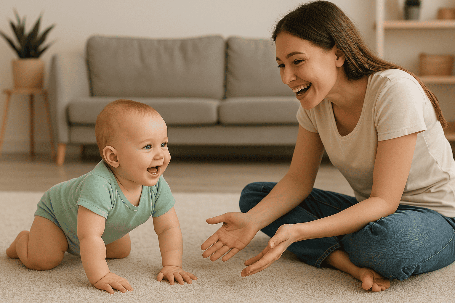 Dziewięciomiesięczne niemowlę raczkujące w stronę uśmiechniętej mamy