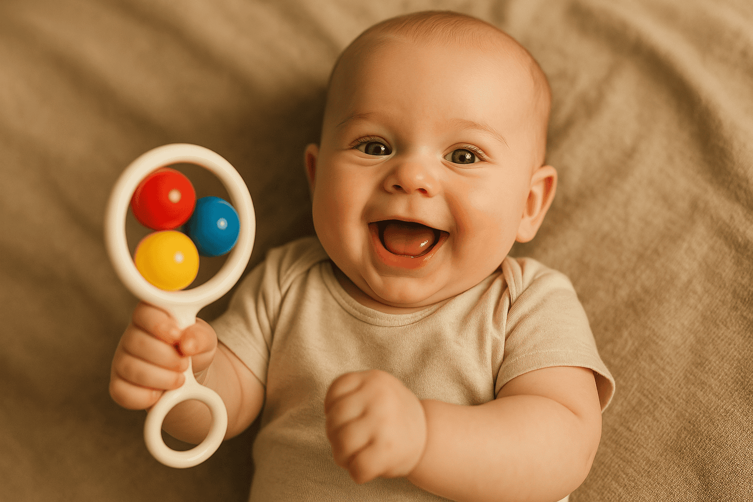 Uśmiechnięte niemowlę w wieku około 6 miesięcy bawiące się grzechotką