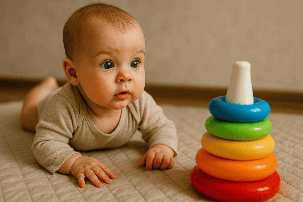 Dziecko miesiąc po miesiącu – Niemowlę leżące na macie, patrzące ciekawie na zabawkę