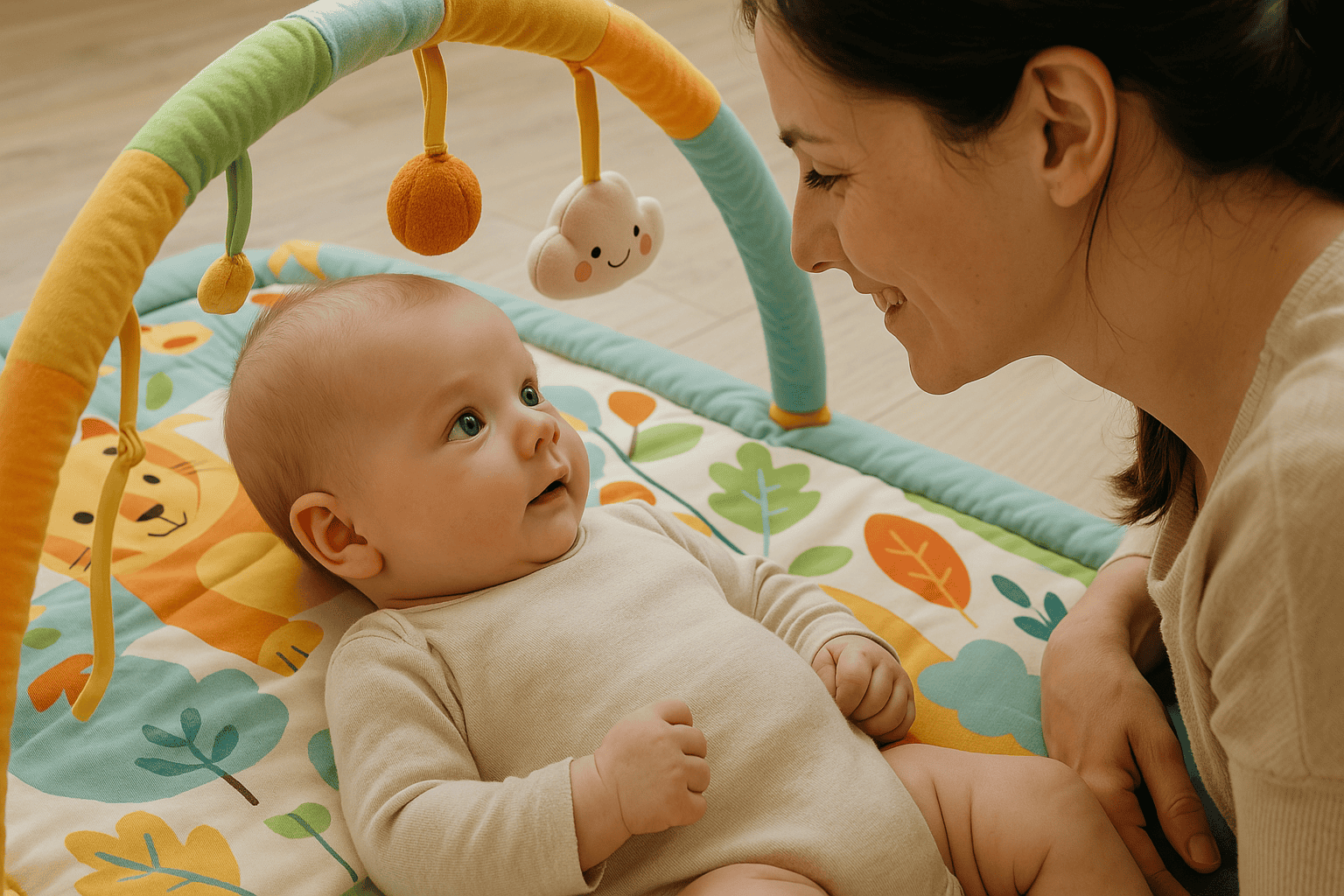 3-miesięczne niemowlę wpatrzone w twarz mamy, leżące na macie edukacyjnej