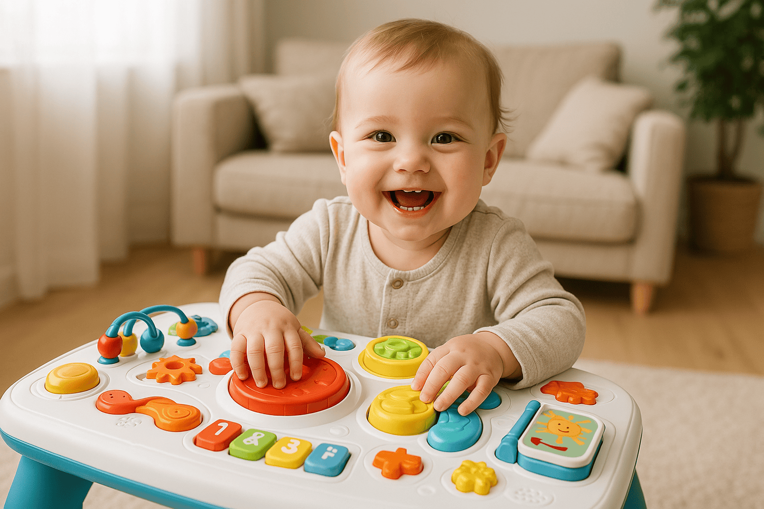 Uśmiechnięte roczne dziecko bawiące się przy stoliku edukacyjnym