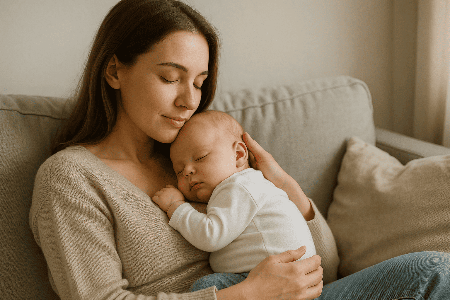 Mama z niemowlęciem przytulona na kanapie – spokój i bliskość podczas skoku rozwojowego