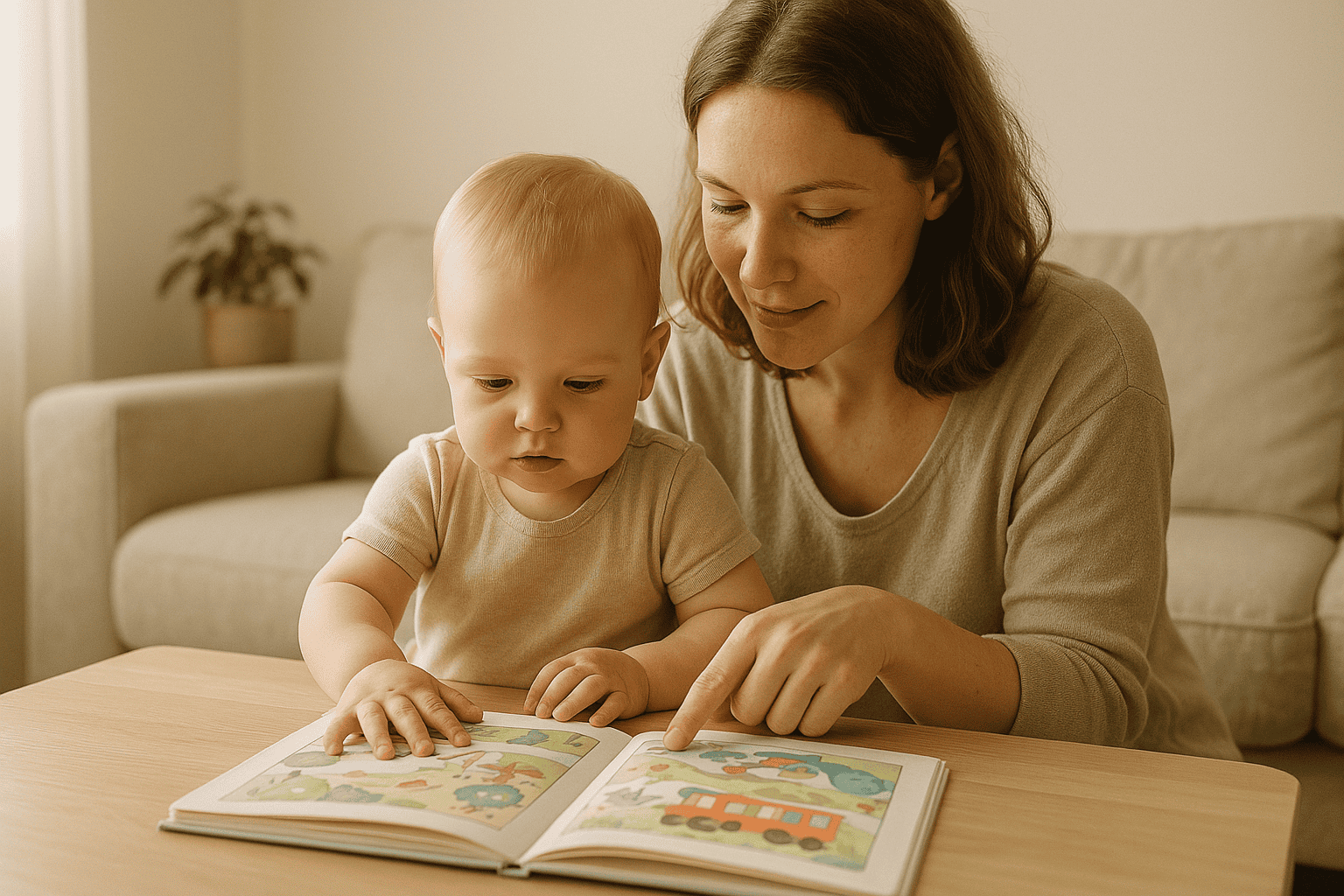 Mama i roczne dziecko wspólnie przeglądają książeczkę – podsumowanie pierwszego roku życia