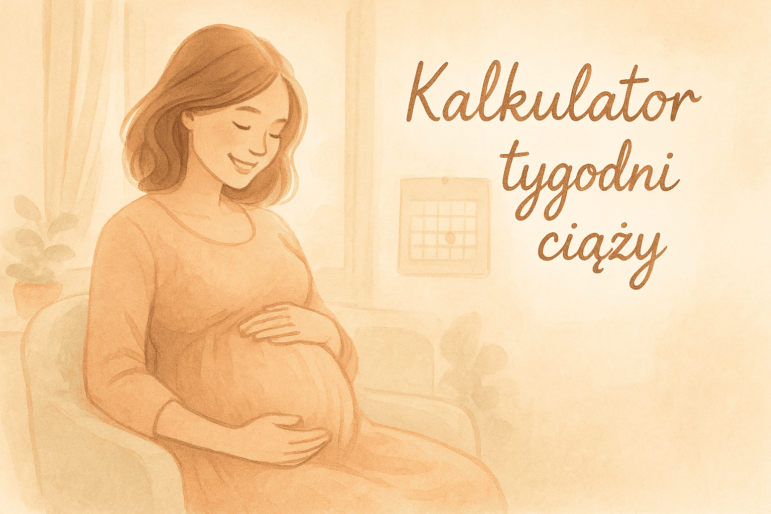 Kobieta w ciąży z kalendarzem w tle – ilustracja do kalkulatora tygodni ciąży