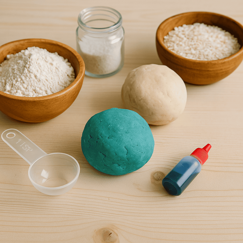 Kolorowe akcesoria do domowej masy sensorycznej ułożone na tacy.