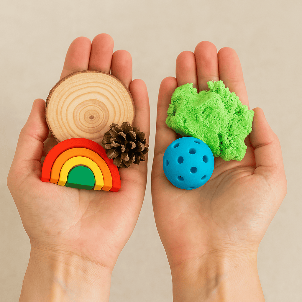 Ręce osoby dorosłej trzymające akcesoria do zabawy sensorycznej: piasek kinetyczny, szyszkę, kulkę i drewniane elementy