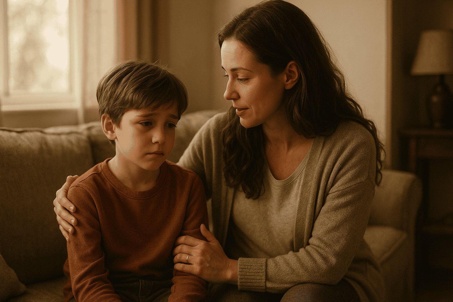 Mama rozmawia z dzieckiem o emocjach w spokojnej, domowej atmosferze – wspierająca relacja rodzicielska