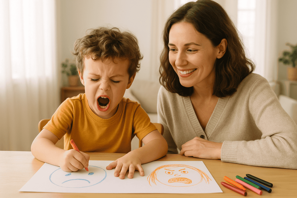 Dziecko poznaje emocje z pomocą kart obrazkowych i rodzica