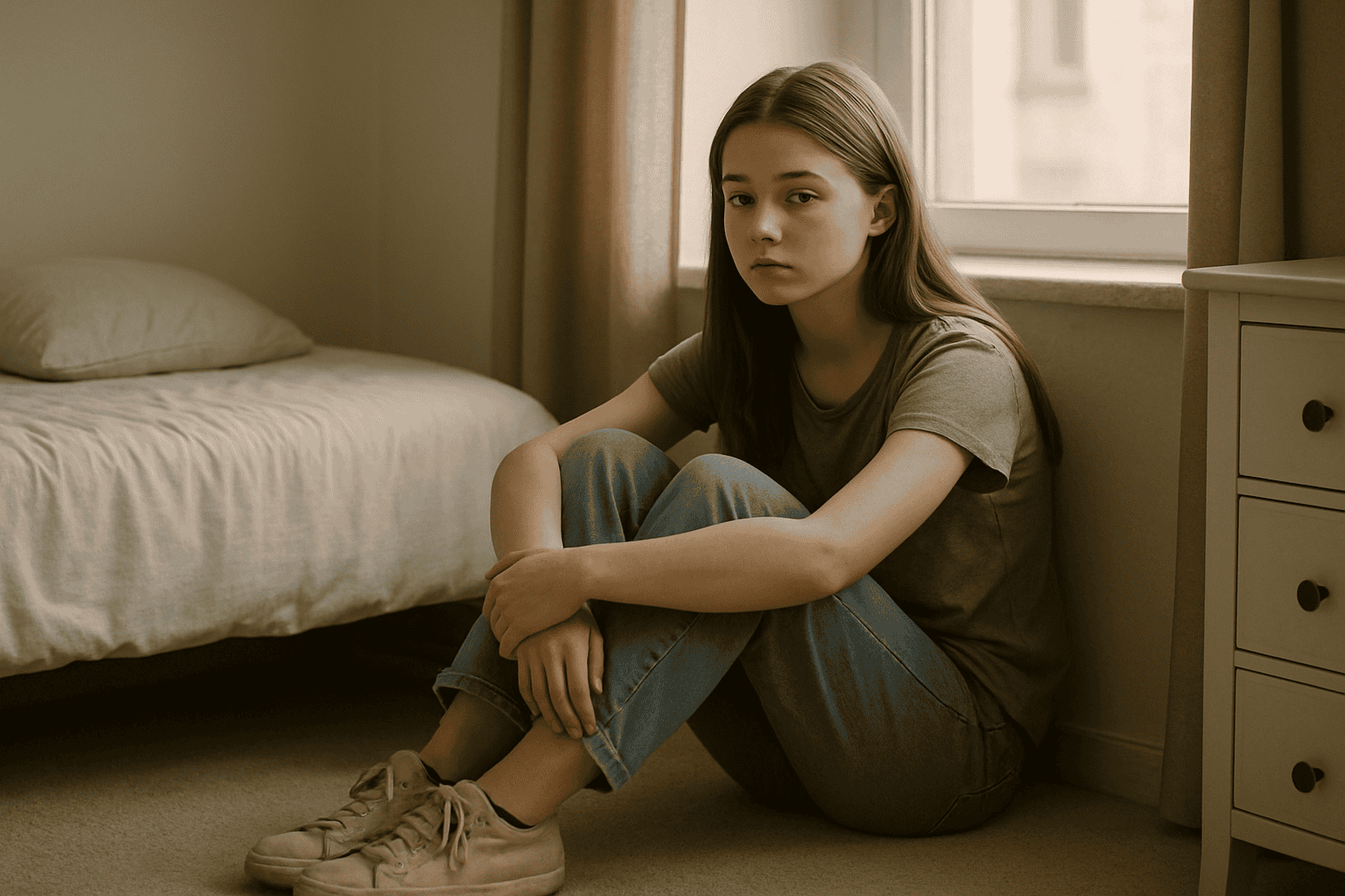 Smutna nastolatka siedząca samotnie w pokoju – ilustracja objawów depresji