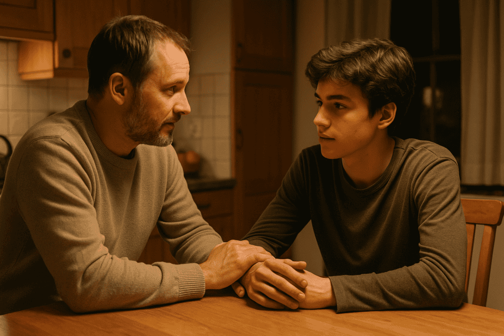 Rodzic wspierający nastolatka w rozmowie przy kuchennym stole – spokojna i empatyczna atmosfera