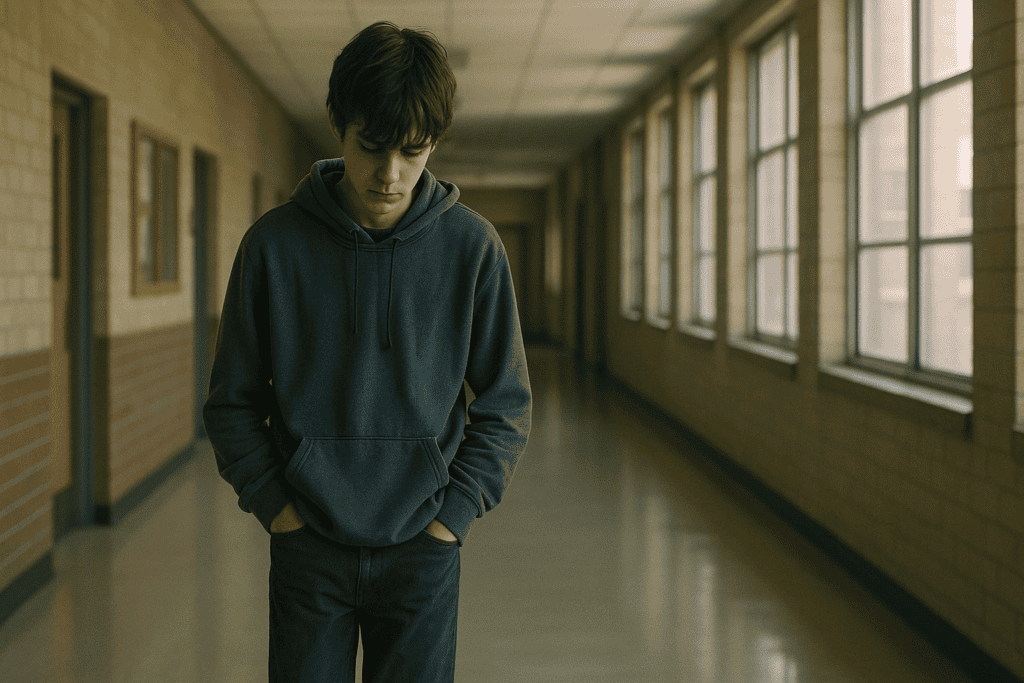 Nastolatek samotnie spacerujący po szkolnym korytarzu – ilustracja wycofania społecznego w depresji