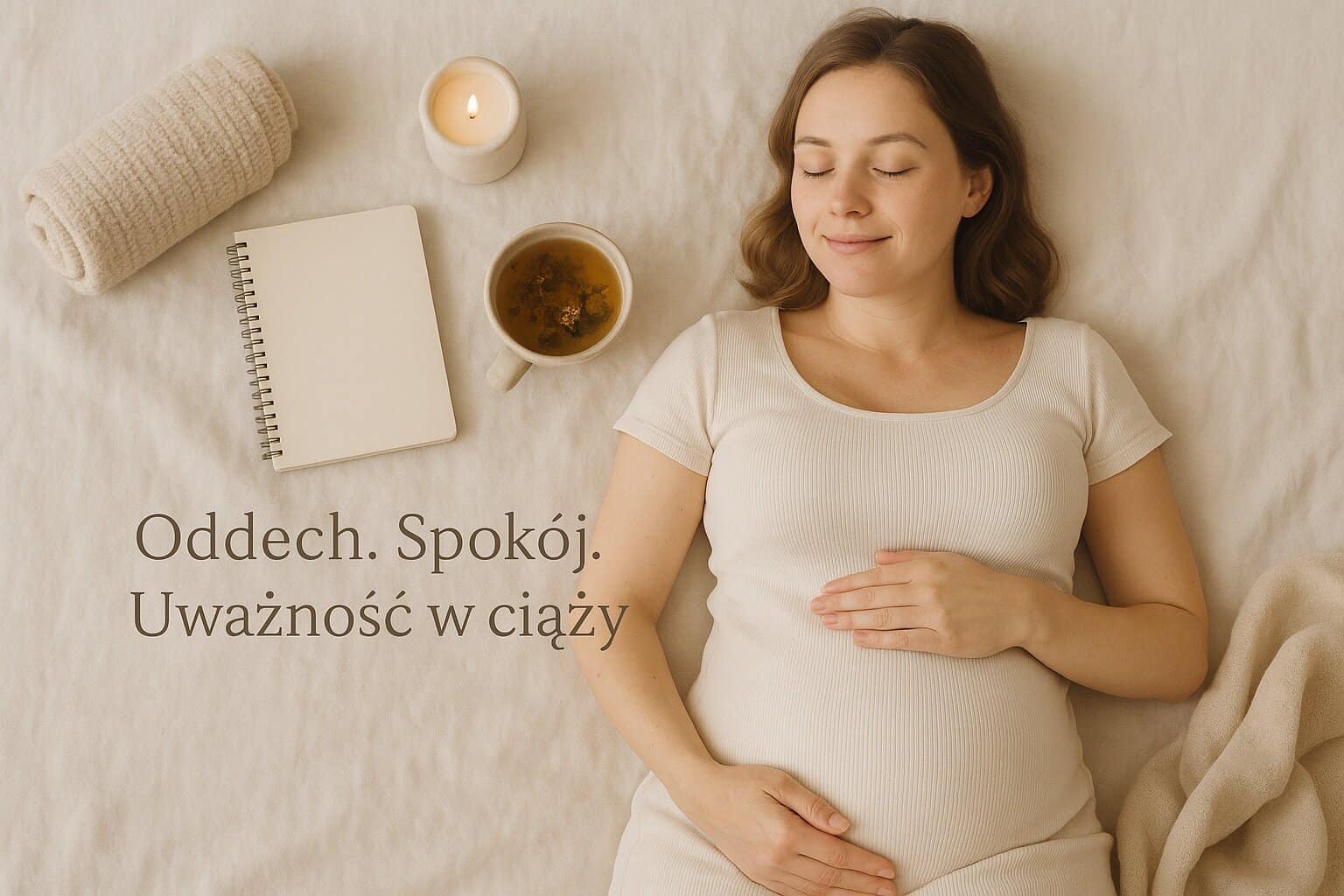 Uśmiechnięta kobieta w ciąży leży z zamkniętymi oczami na jasnym kocu, obok świeca, herbata ziołowa i notes – symboliczna scena uważności i relaksu w ciąży