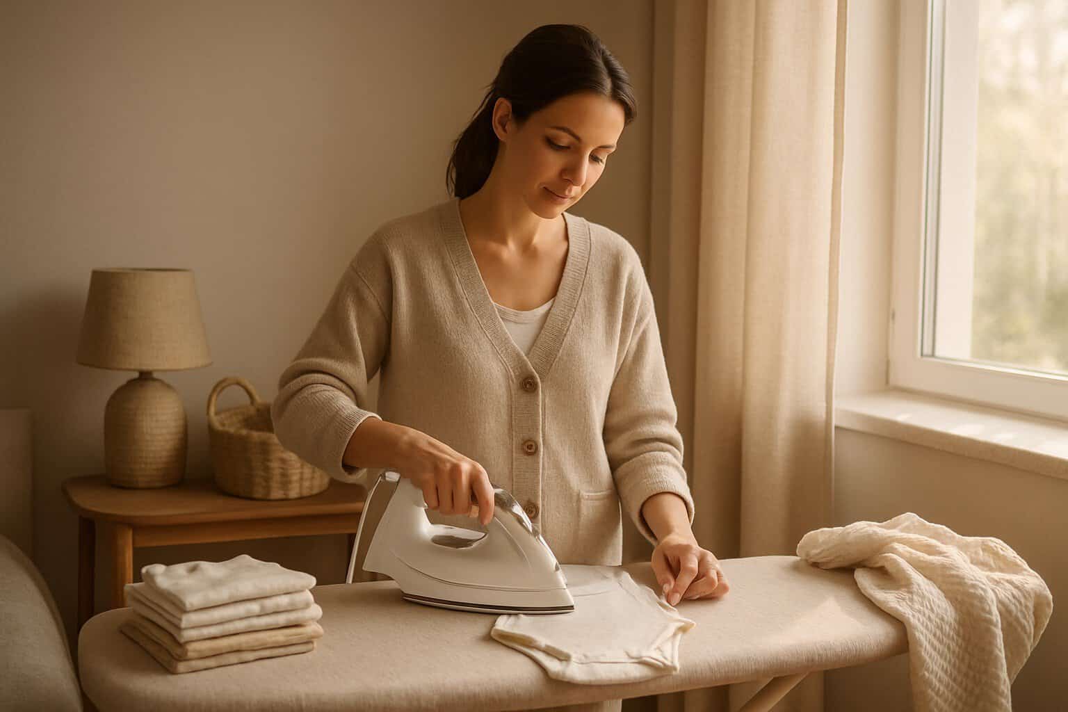 Mama prasująca niemowlęce ubranka w spokojnym, domowym otoczeniu