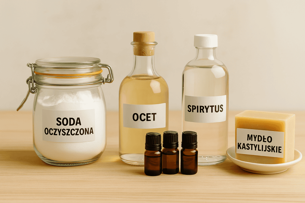 Ekologiczne środki czystości DIY – soda oczyszczona, spirytus, olejki eteryczne i mydło kastylijskie w szklanych pojemnikach na kuchennym blacie