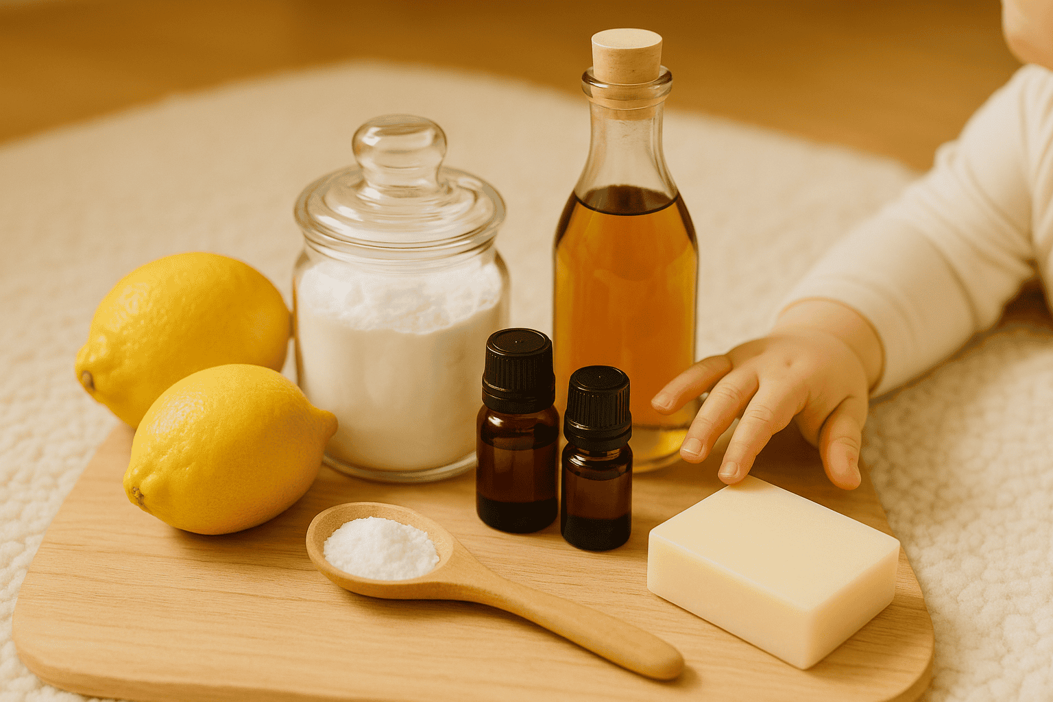 Domowe środki czystości bez chemii – naturalne składniki takie jak soda oczyszczona, ocet, olejki eteryczne i mydło kastylijskie w szklanych butelkach na jasnym tle