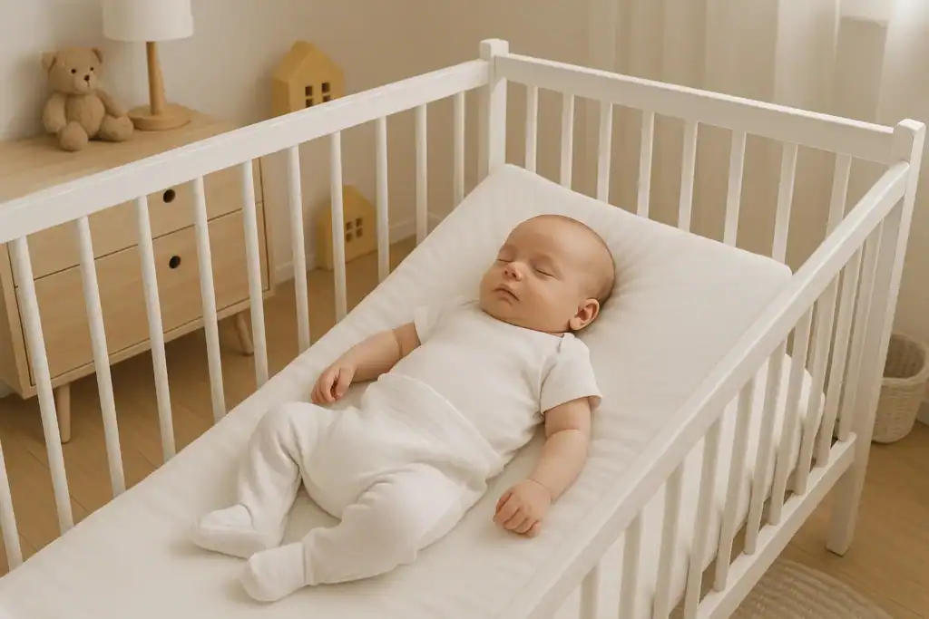 Niemowlę śpiące na plecach w bezpiecznym łóżeczku z lekko uniesioną głową
