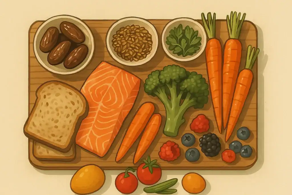 Naturalne składniki eko diety: owoce, warzywa, łosoś, siemię lniane, daktyle i liście malin.
