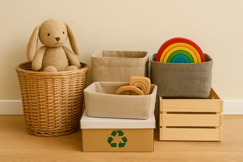 Ekologiczne przechowywanie w pokoju dziecka – wiklinowy kosz, karton z recyklingu i bawełniany pojemnik jako alternatywa dla plastiku