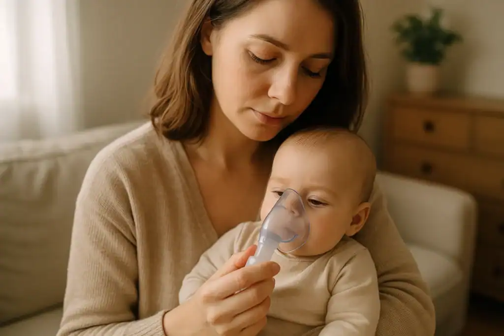 Mama wykonuje inhalację niemowlakowi – naturalna pomoc przy kaszlu