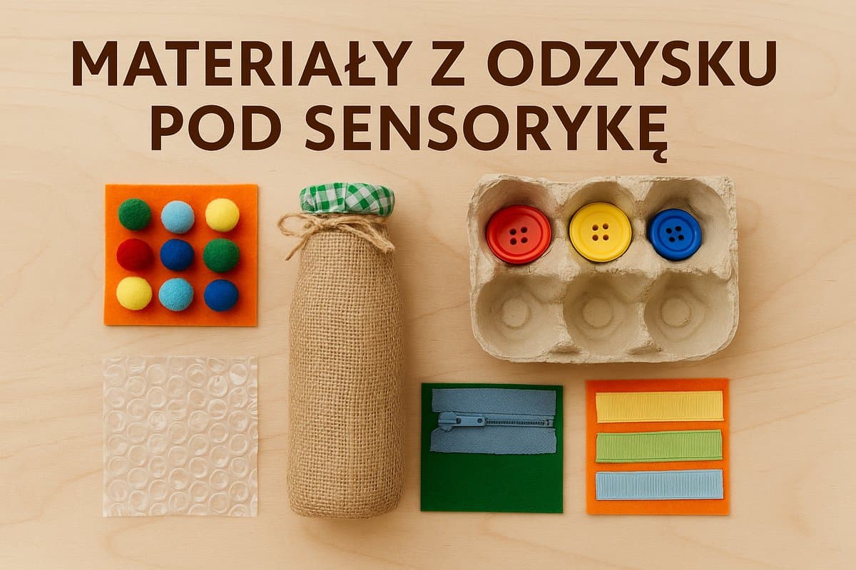 Ręcznie wykonana mata sensoryczna z materiałów z recyklingu, pokazująca różnorodne faktury i kolory – przykład eko zabawki DIY dla dzieci