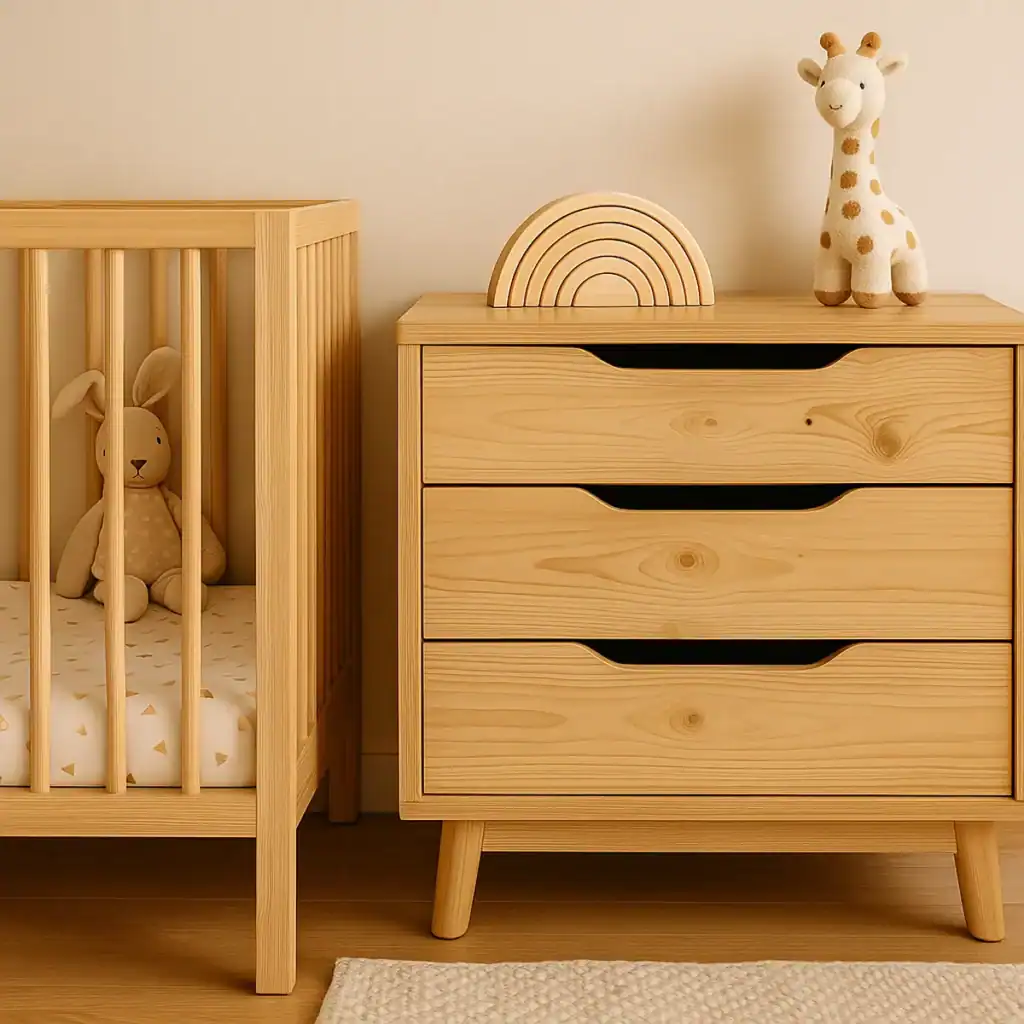 Pokój dziecka urządzony w stylu eko – drewniane meble, naturalne tkaniny, zabawki z materiałów biodegradowalnych i wiklinowe kosze, wszystko bez plastiku