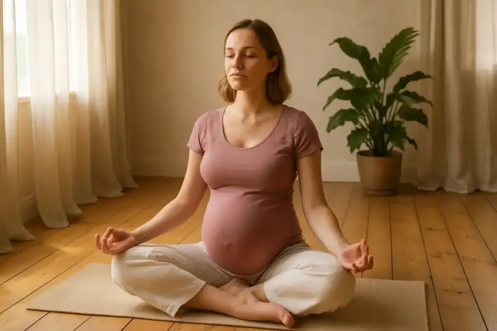 Uśmiechnięta kobieta w ciąży leży z zamkniętymi oczami na jasnym kocu, obok świeca, herbata ziołowa i notes – symboliczna scena uważności i relaksu w ciąży