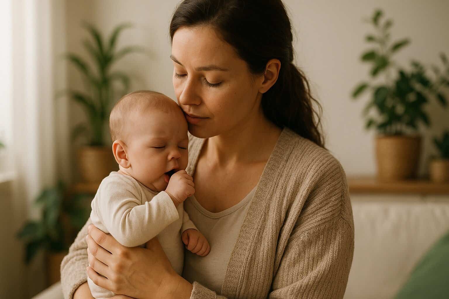 Mama opiekuje się kaszlącym niemowlęciem w domowych warunkach