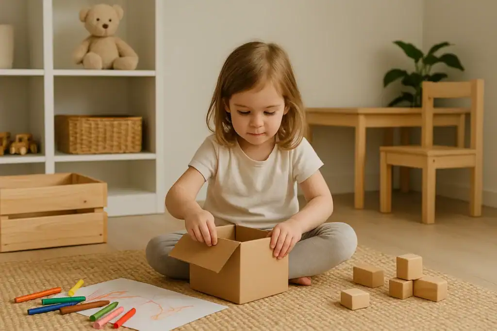 Dziewczynka bawiąca się kartonem i kredkami w uporządkowanym, minimalistycznym pokoju