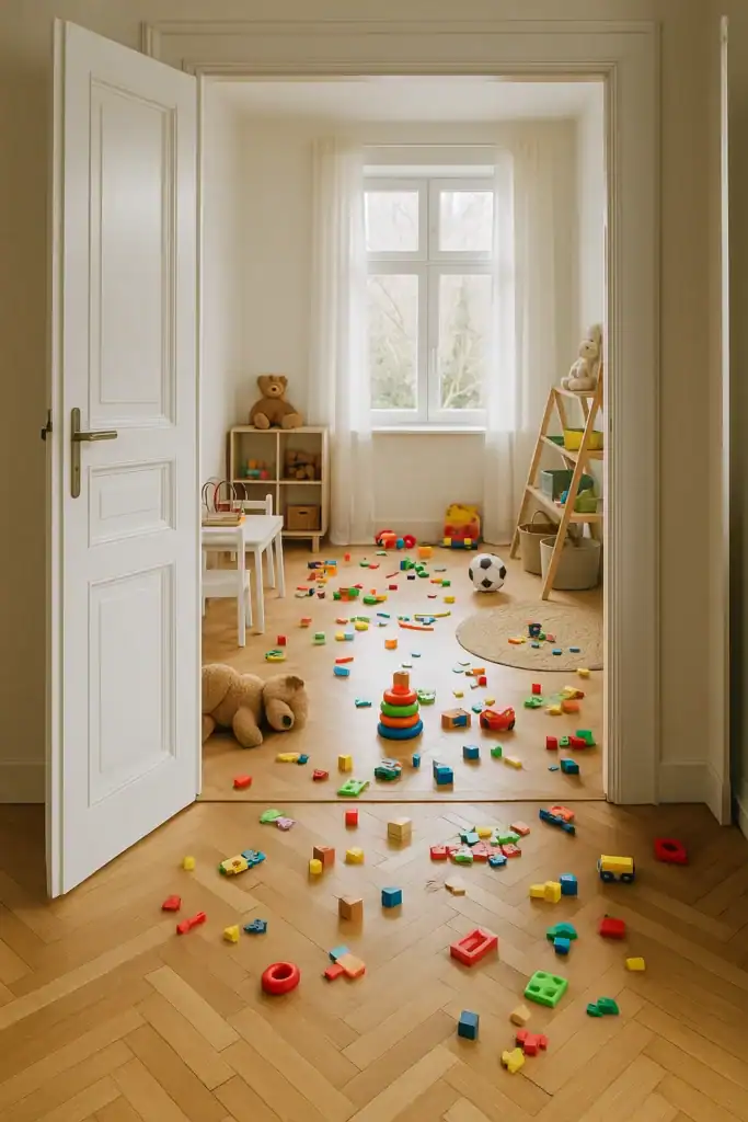 Zagracony pokój dziecięcy z rozrzuconymi zabawkami i naturalnym światłem