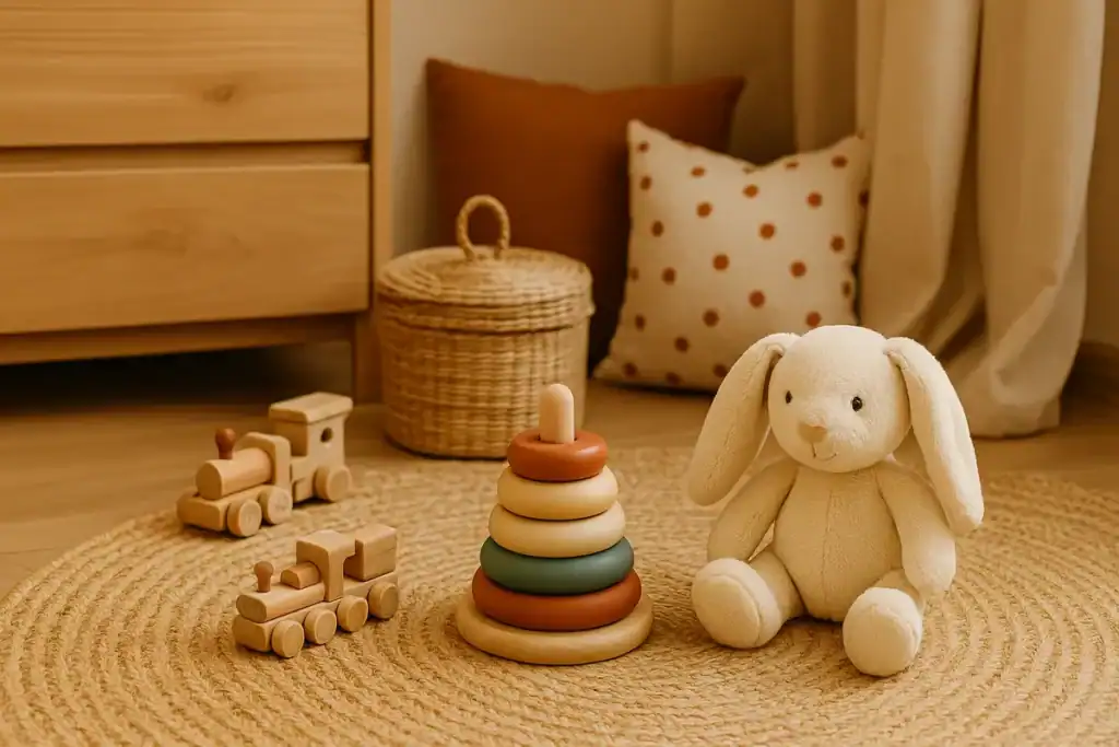 Pokój dziecka urządzony w stylu eko – drewniane meble, naturalne tkaniny, zabawki z materiałów biodegradowalnych i wiklinowe kosze, wszystko bez plastiku