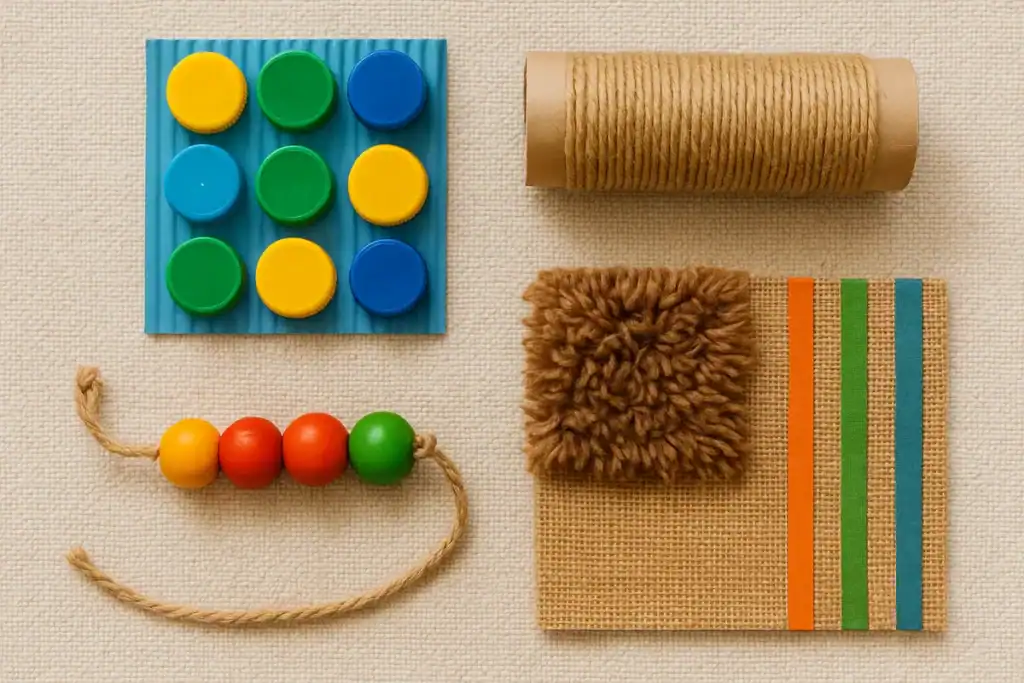 Ręcznie wykonana mata sensoryczna z materiałów z recyklingu, pokazująca różnorodne faktury i kolory – przykład eko zabawki DIY dla dzieci