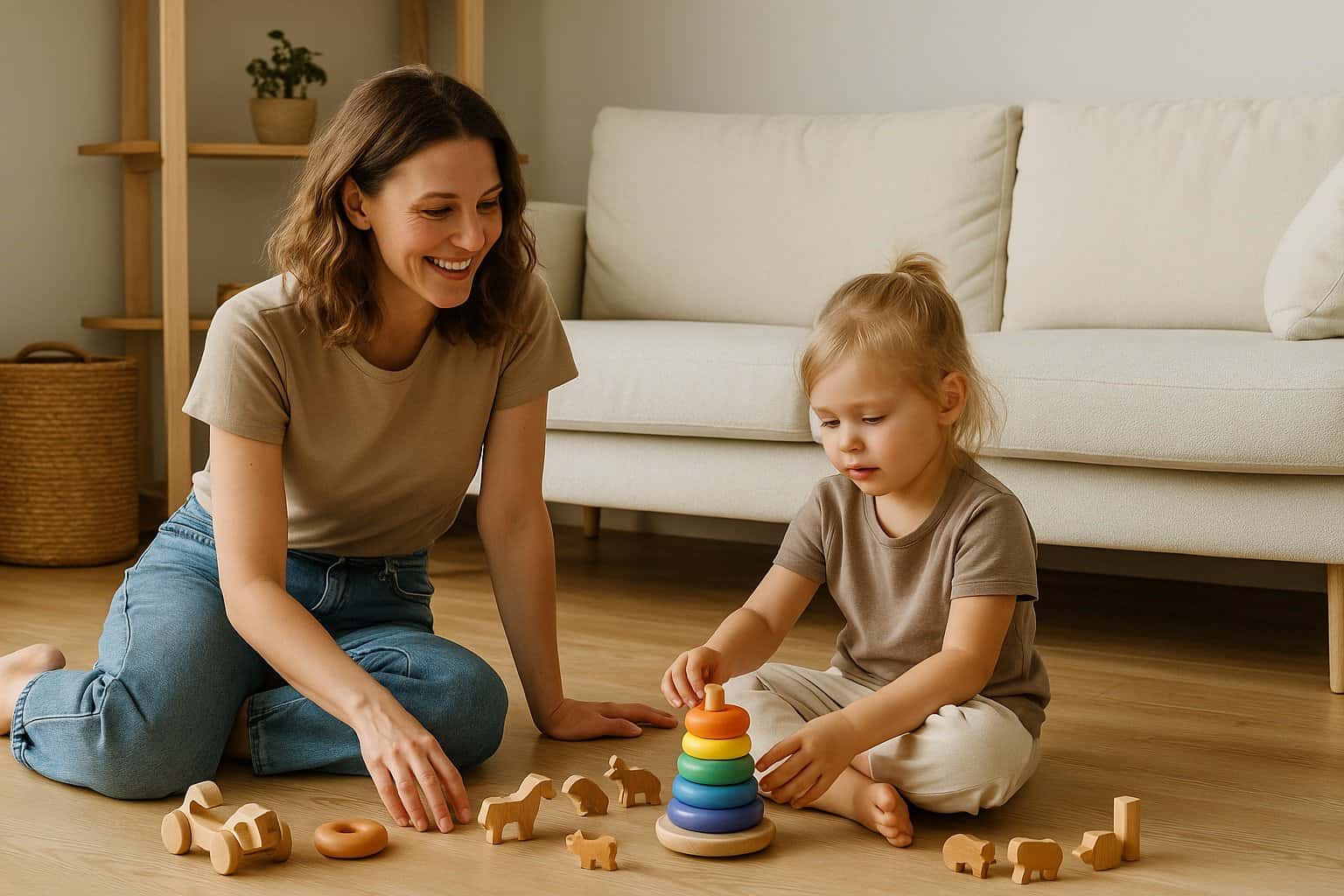 Mama i córka bawiące się drewnianymi zabawkami w jasnym, minimalistycznym wnętrzu