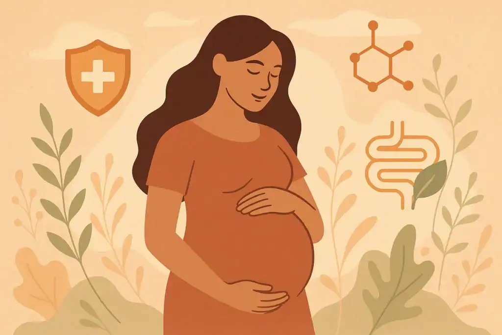 Ilustracja przedstawiająca korzyści diety eko przed porodem – odporność, równowaga hormonalna i zdrowie jelit.