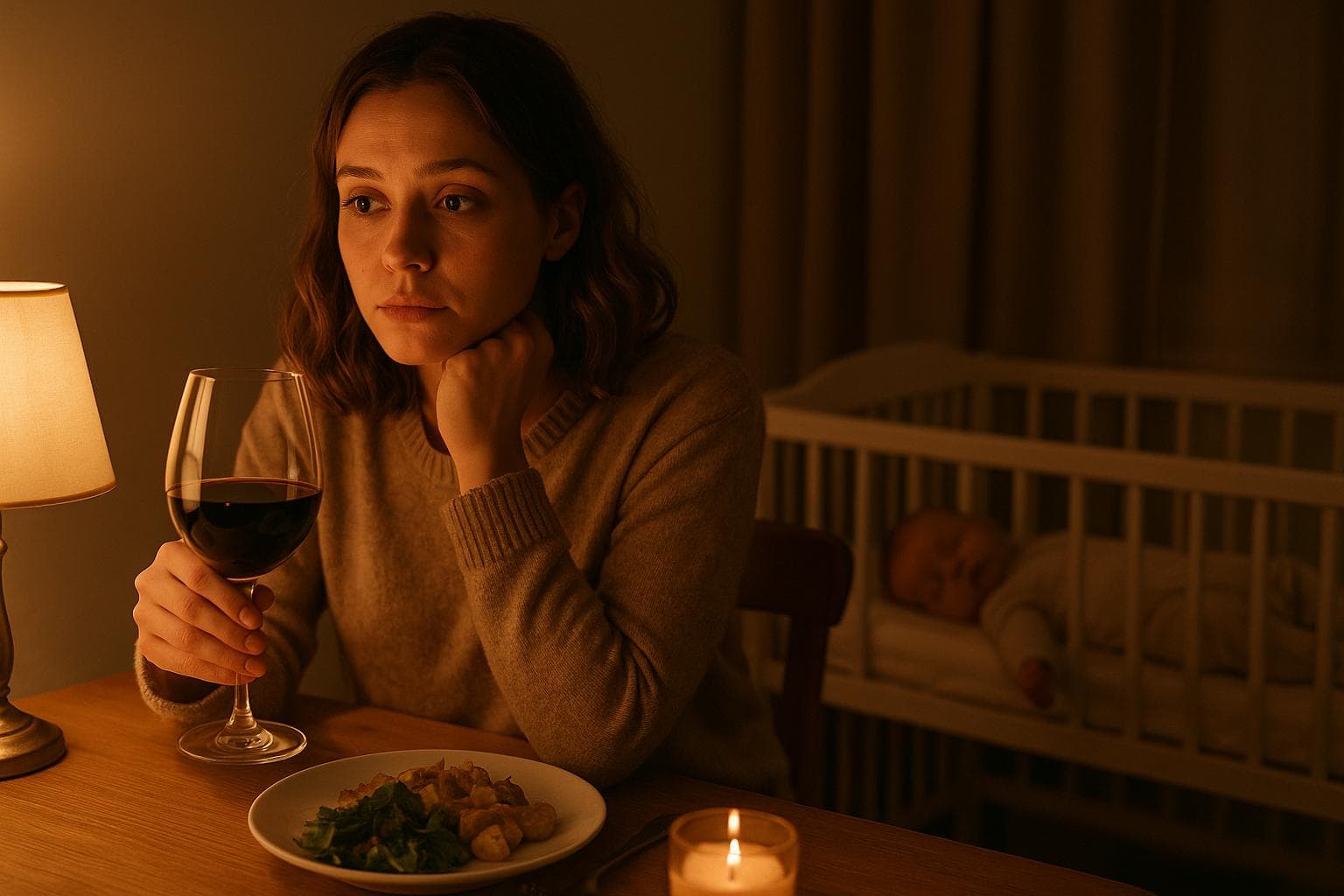 Mama z lampką wina wieczorem przy stole, dziecko śpi obok