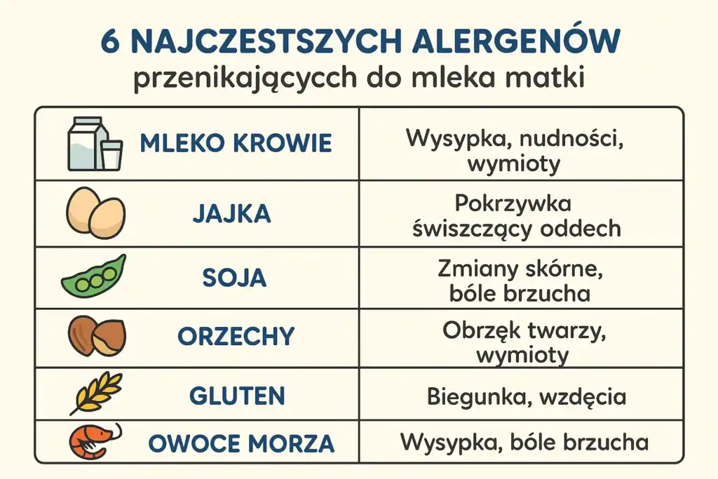 Najczęstsze alergeny w diecie mamy karmiącej – tabela z opisami skutków u niemowlęcia.